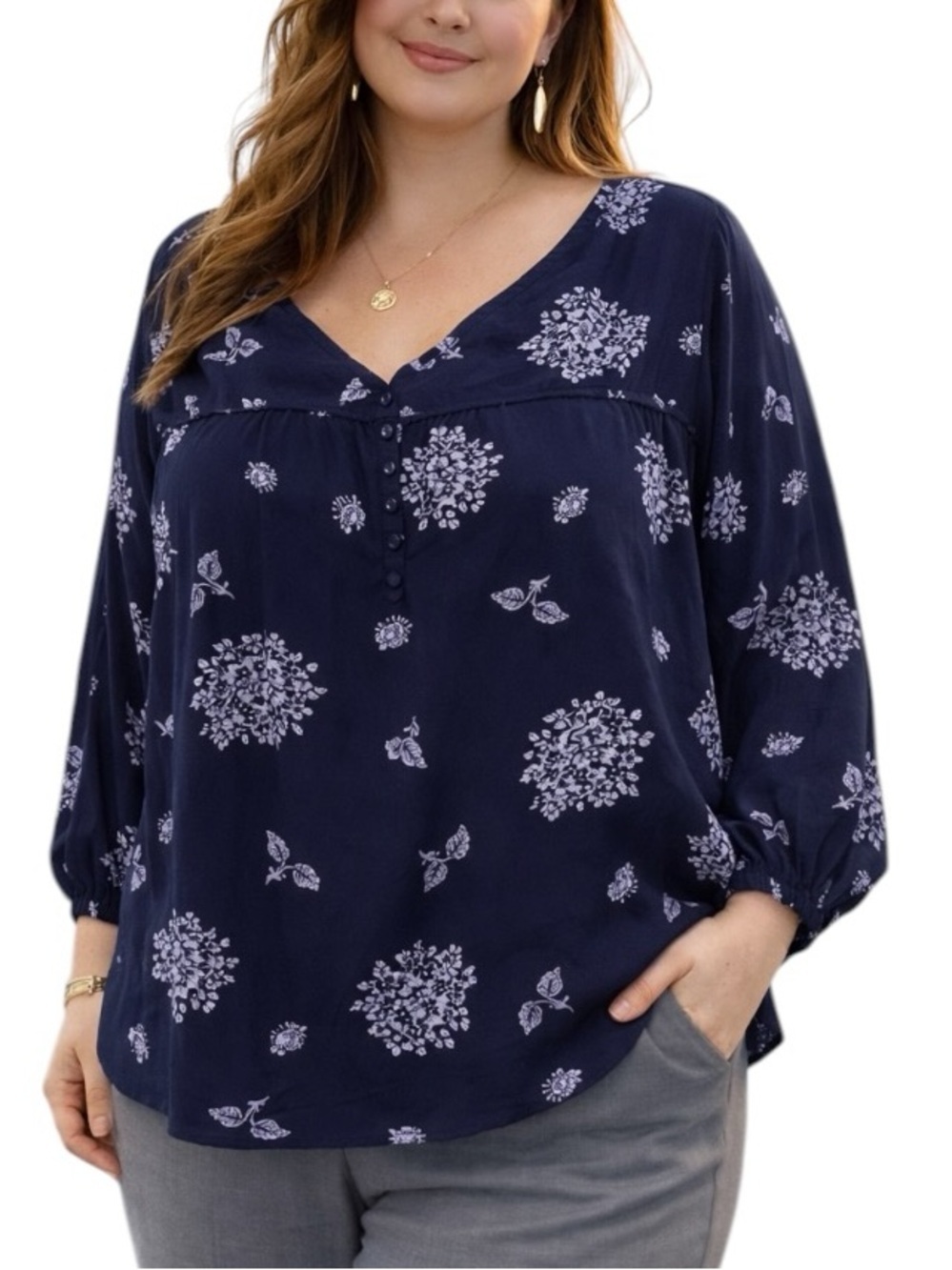 Skies Are Blue 2X Curvy Blue & Purple Long Sleeve Blouse Office Modest